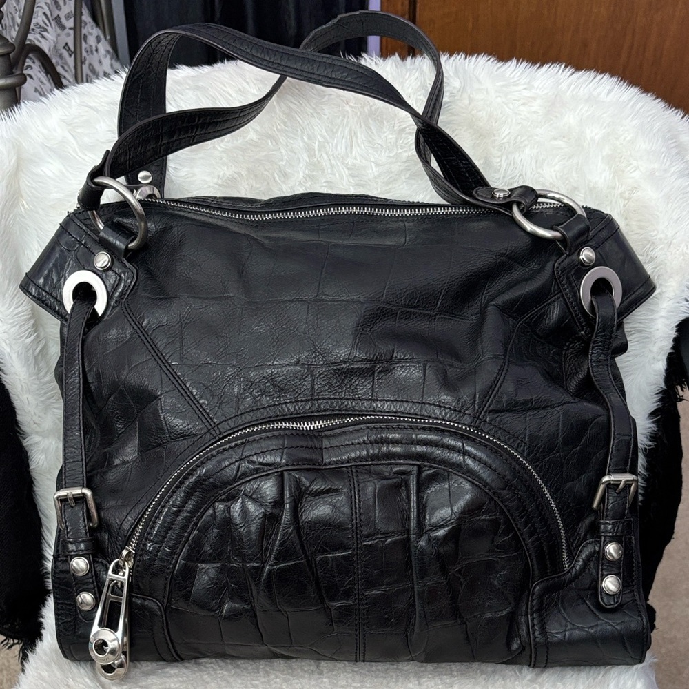 Genuine Black Leather Tote Handbag with Silver Hardware